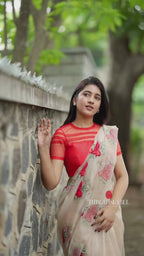 Glossy organza saree with red embroidery blouse