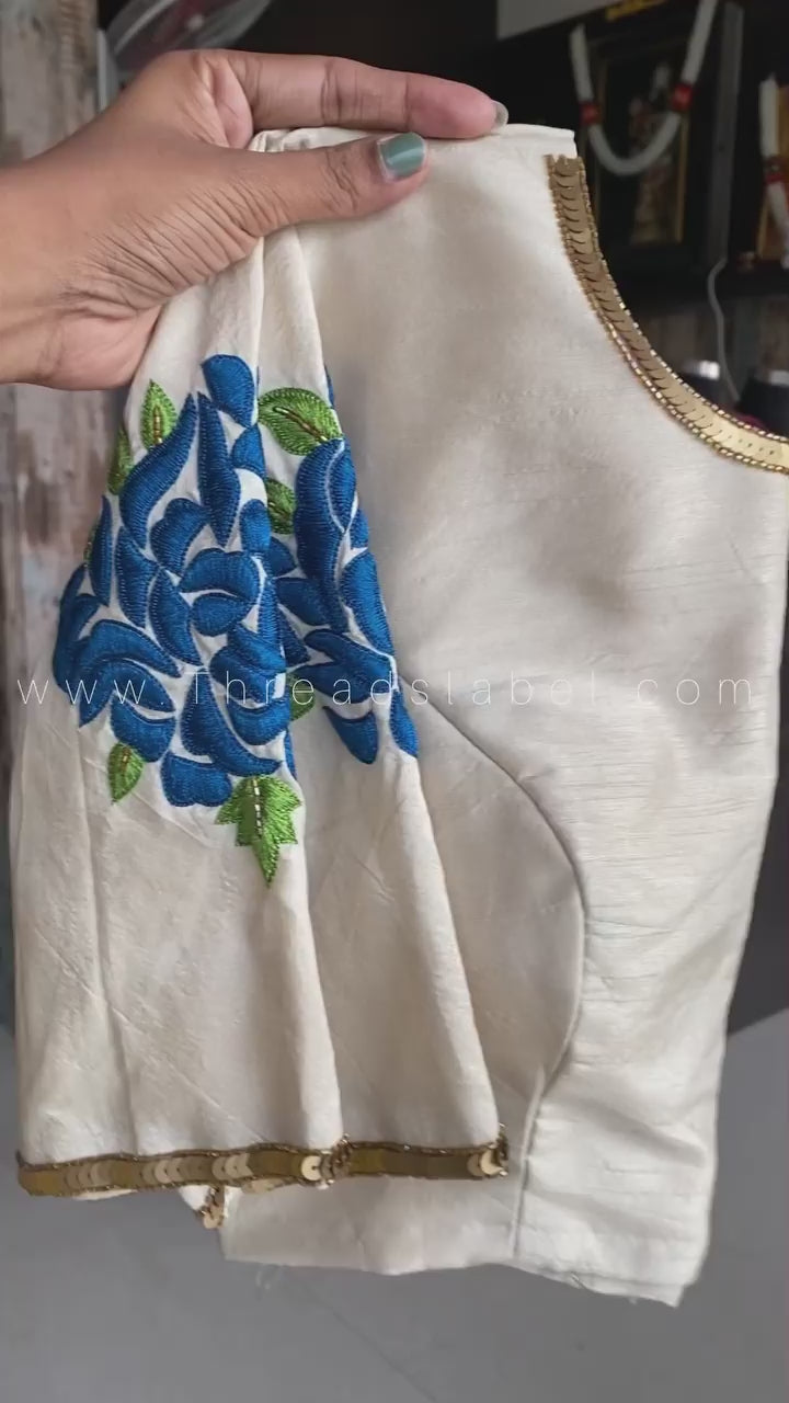 Half White threaded floral hand work blouse