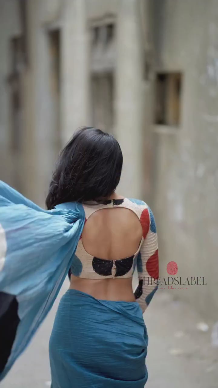 Blue malai chanderi saree with embroidery ajrak blouse