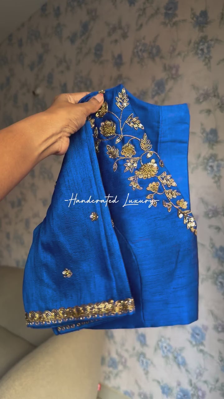 Blue silk shoulder hand worked blouse