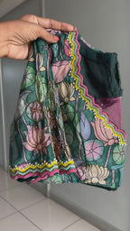 Pink tissue saree with floral velvet hand worked blouse