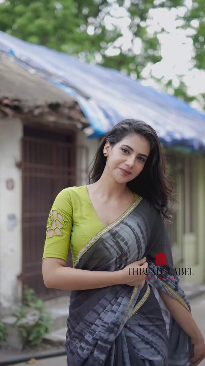 Blue grey georgette saree with silk hand work blouse