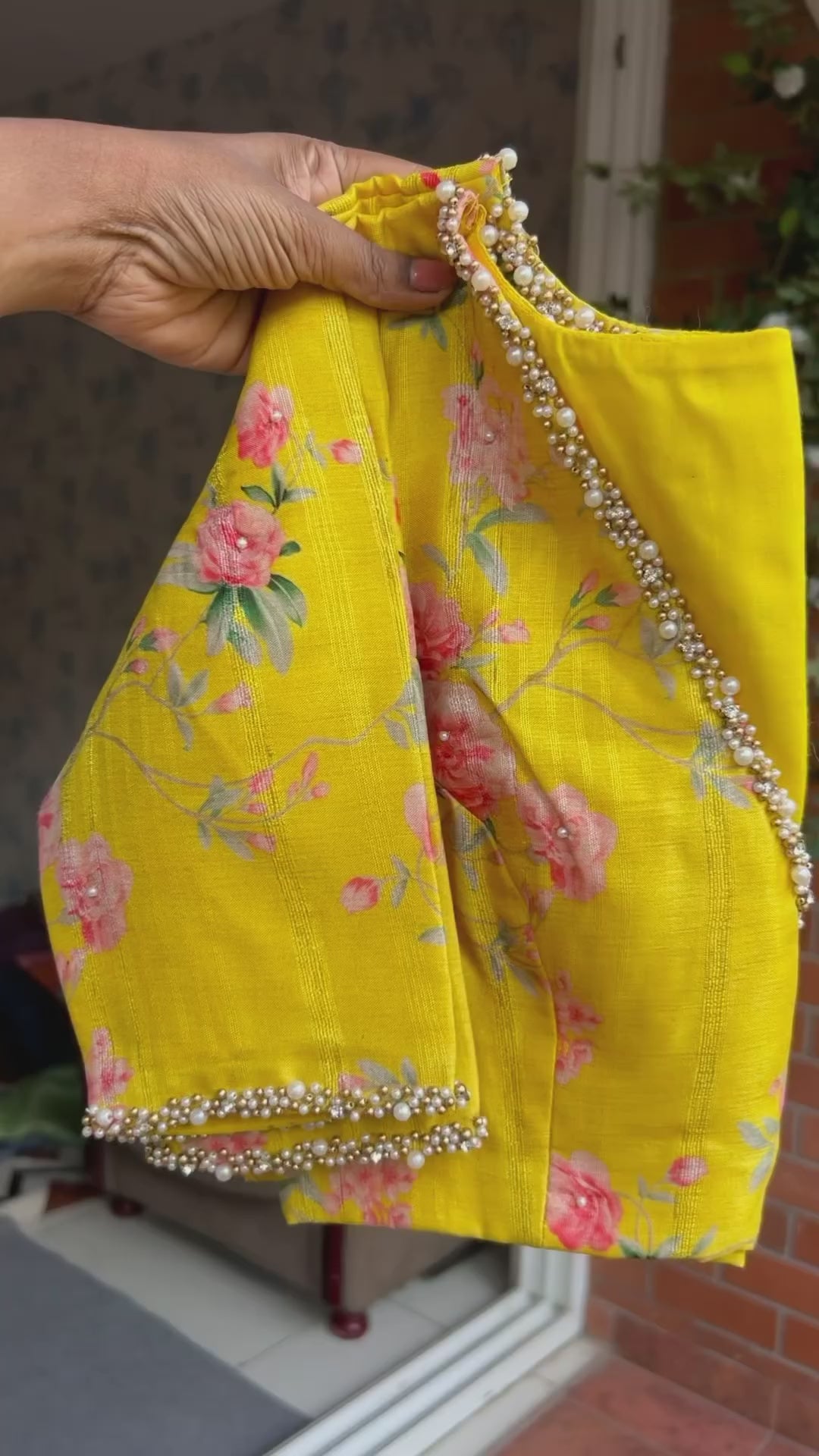 Yellow pearl hand worked blouse