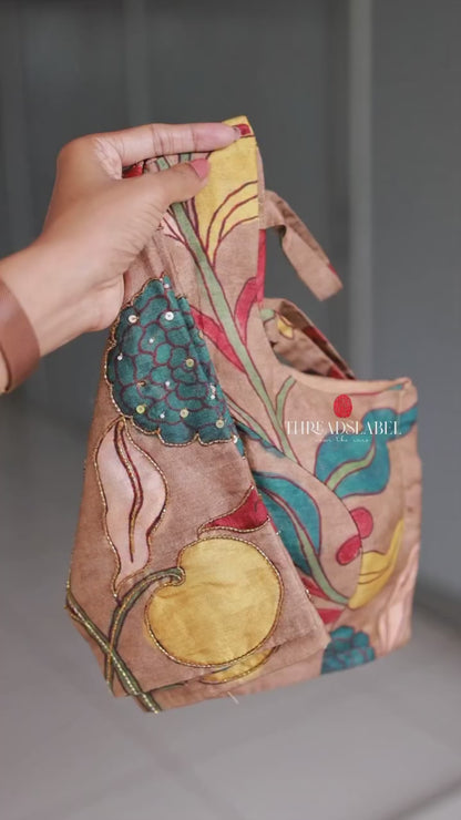 Blue malai cotton saree with kalamkari handwork blouse