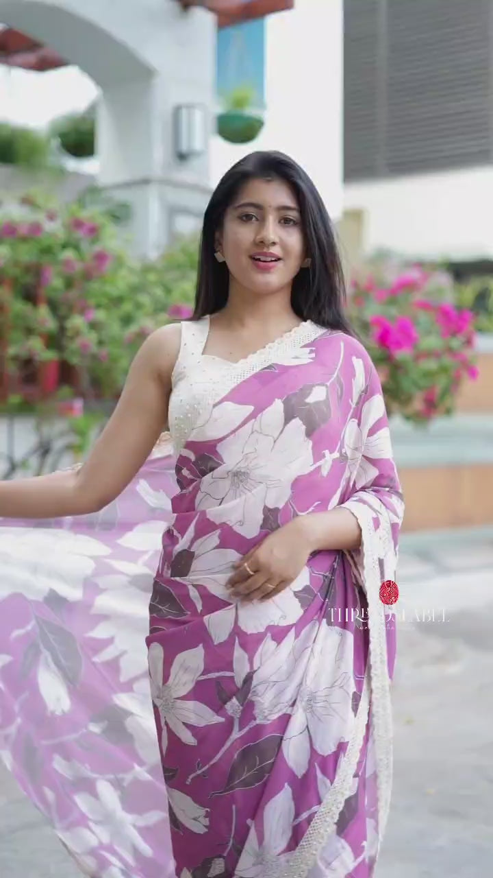 Lilac pink georgette saree with white embroidery blouse