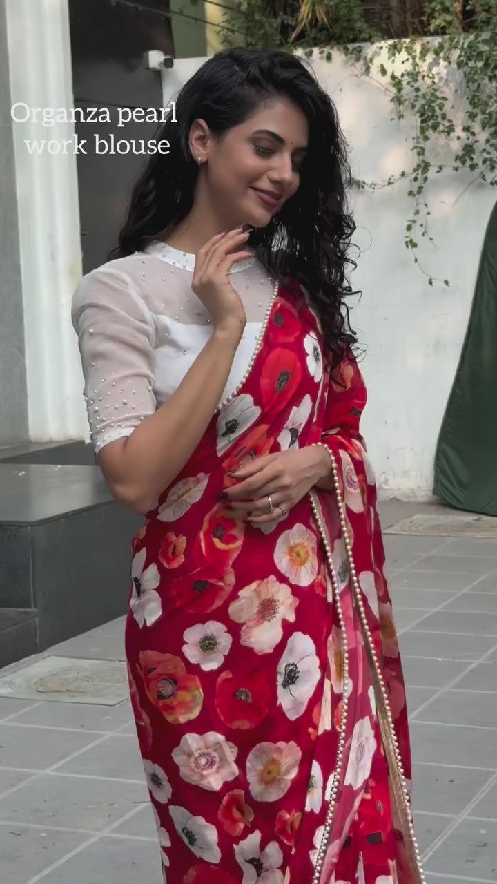 Orange red chinnon silk saree with white organza blouse