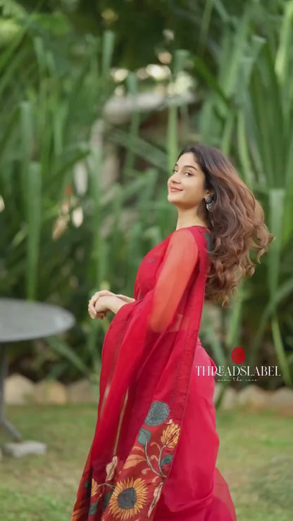 Maroon soft organza saree with kalamkari blouse