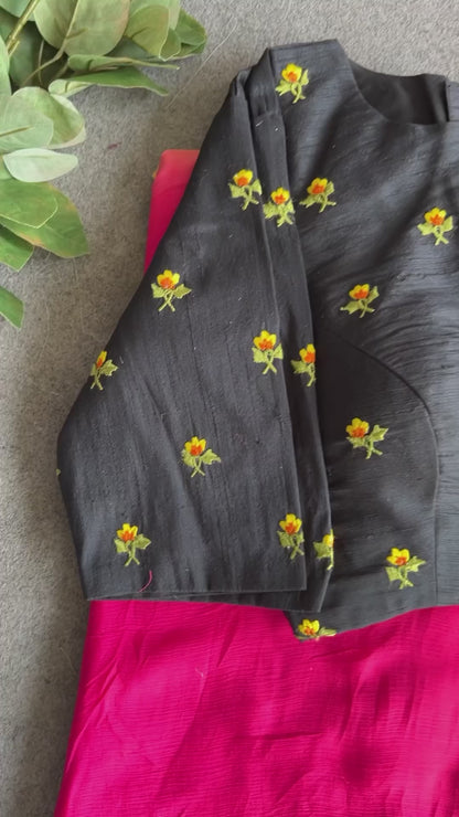 Pink & lemon chinnon saree with embroidery blouse