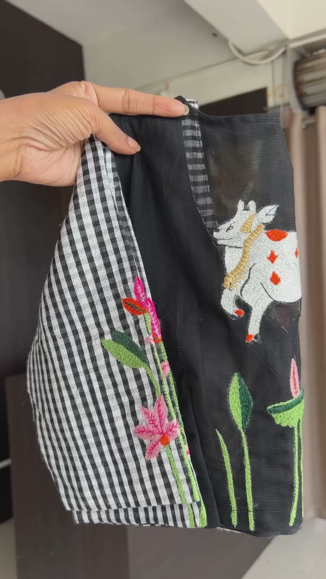 Multi organza checked saree with cow embroidery blouse