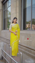 Yellow checked organza with floral cotton blouse
