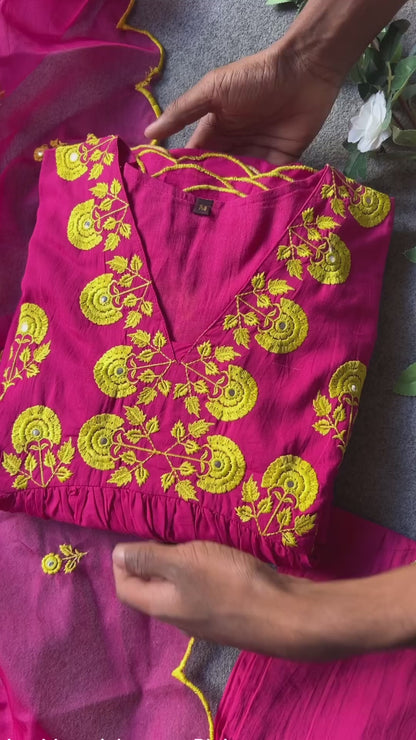 Pink cotton embroidery worked 3 piece kurti suit