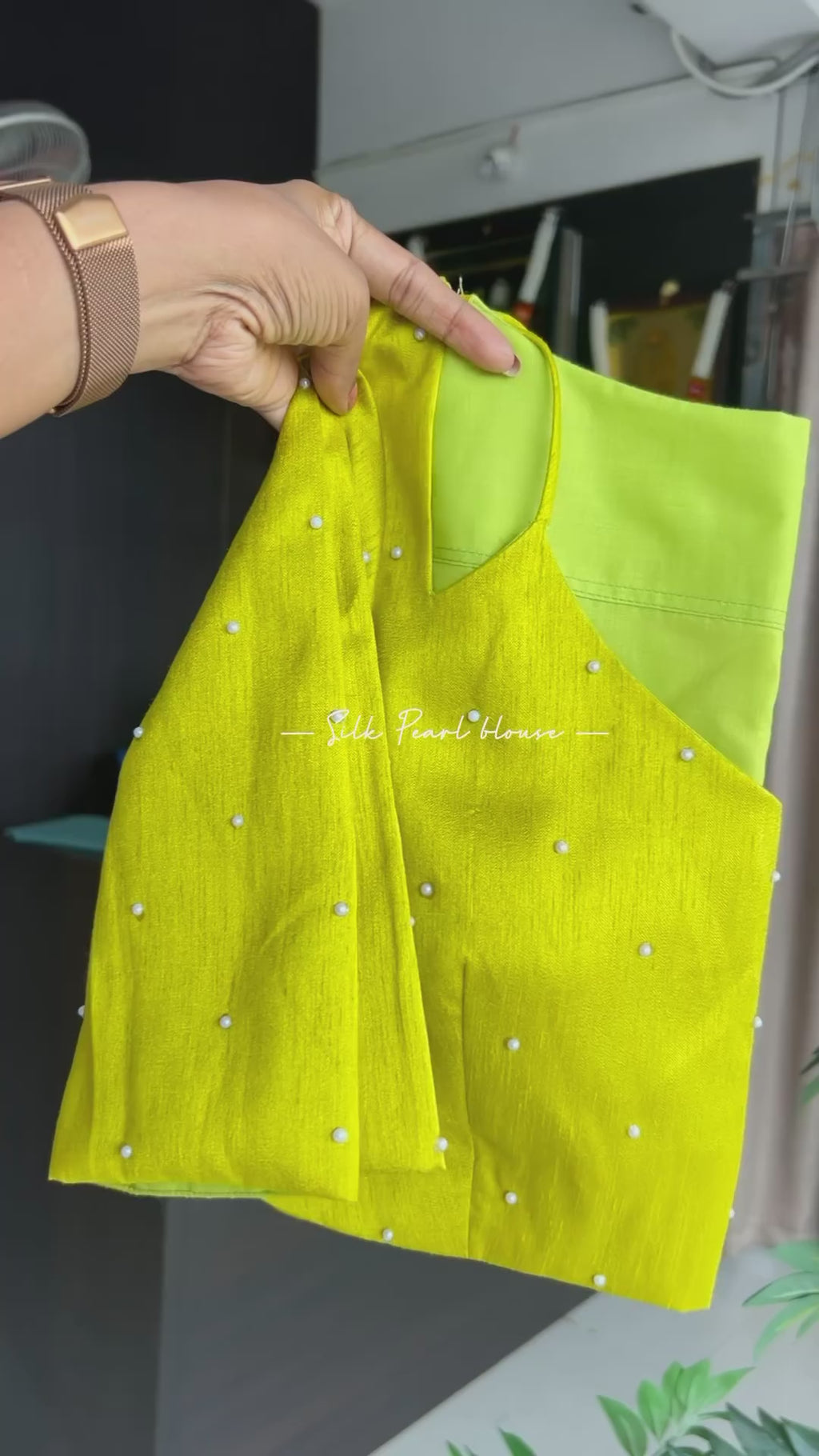 Pink floral cotton saree with lime yellow silk hand work blouse