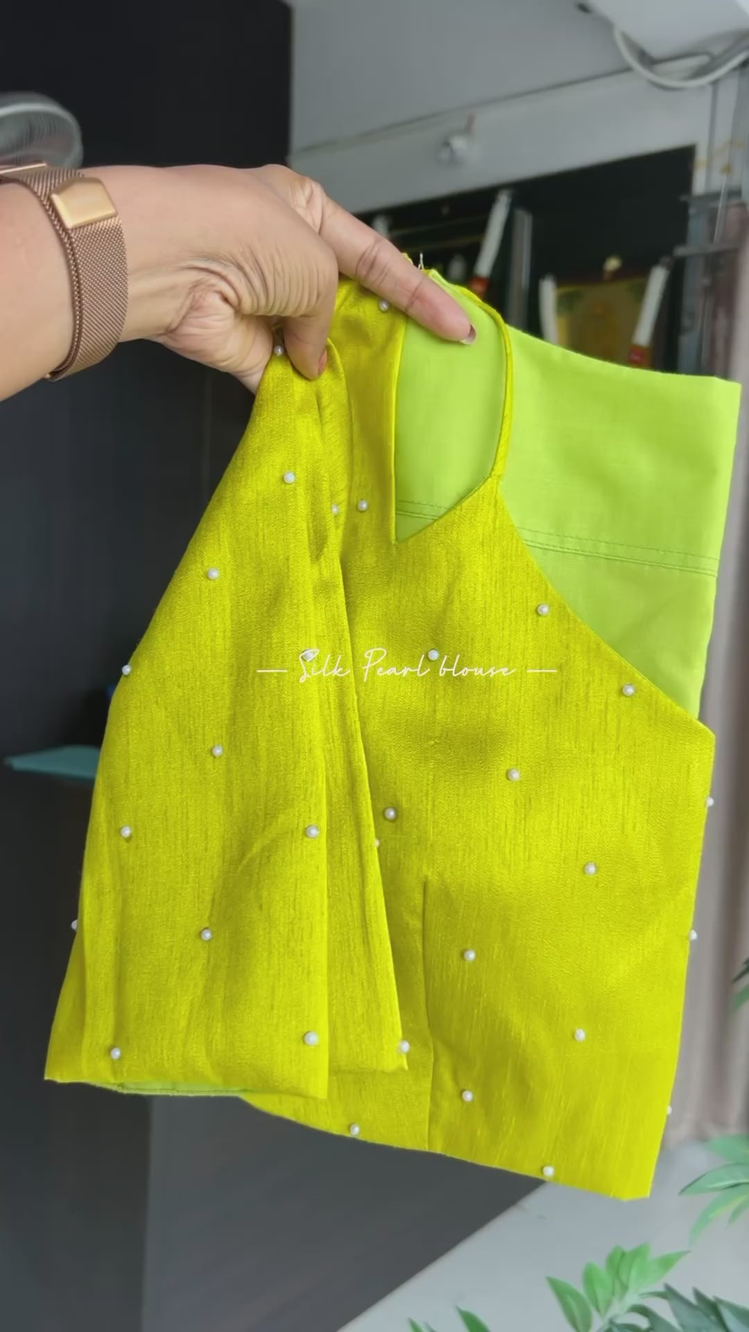 Pink floral cotton saree with lime yellow silk hand work blouse