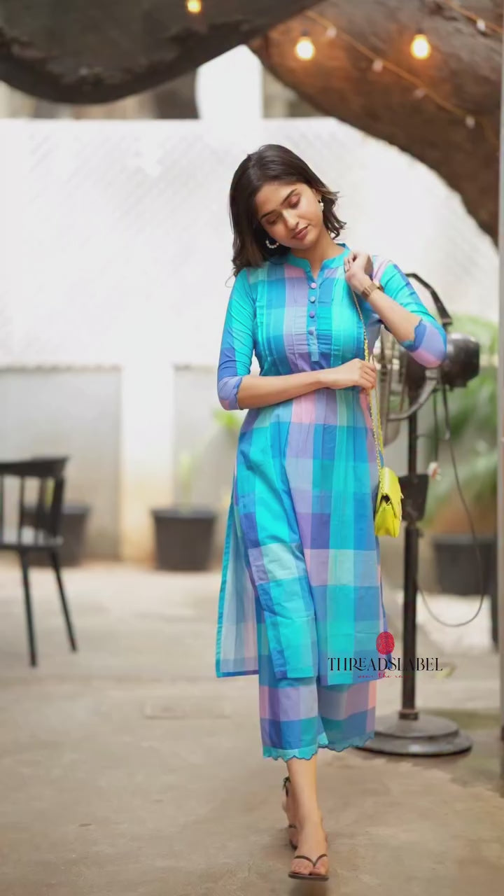 Blue checked cotton 2 piece kurti