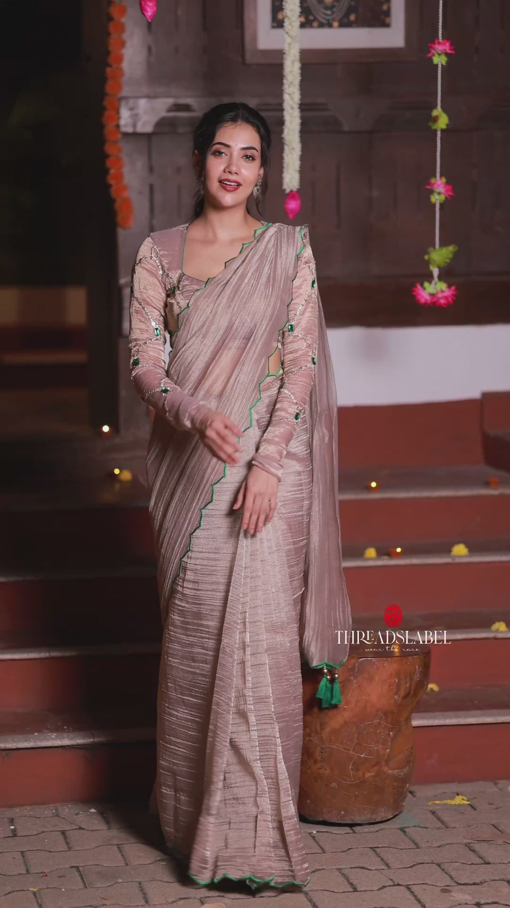 Dusty silver tissue hand made saree & blouse
