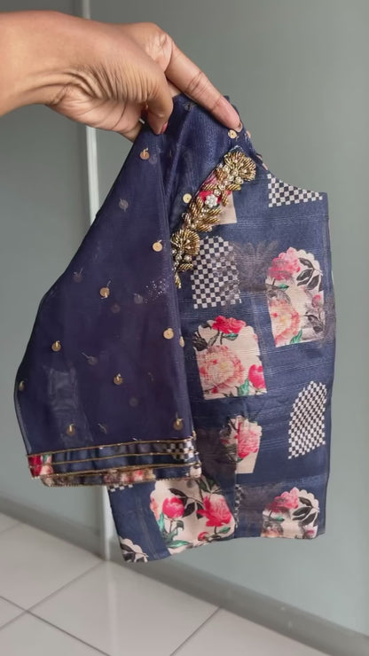 Navy blue jute saree with heavy hand worked blouse