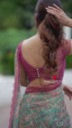 Jade green viscose jute saree with pink tissue blouse