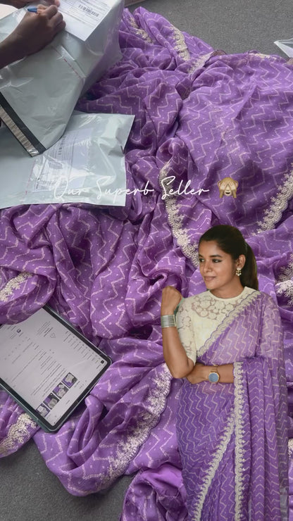 Lavender Purple chiffon saree with embroidery hand work blouse