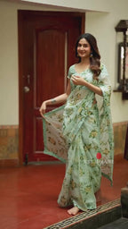 Sea green viscose jute floral saree (only saree)