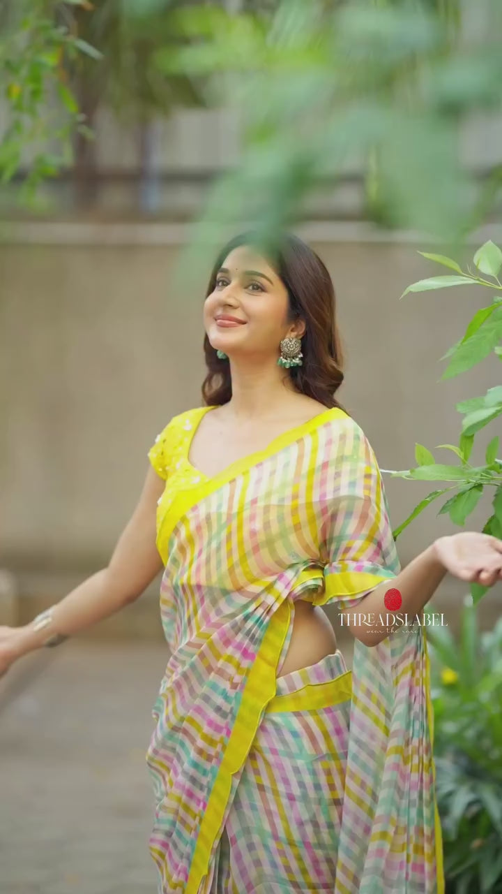 Multi viscose jute saree with hand work blouse