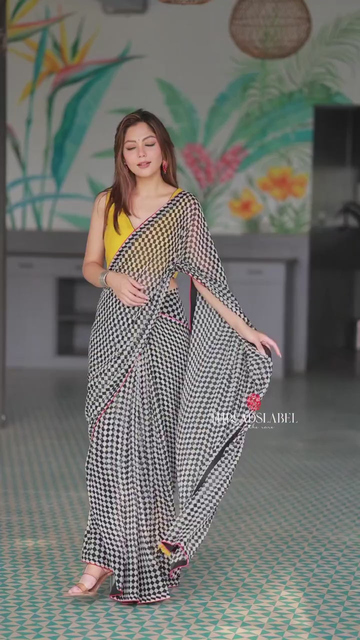 Black & white matrix chiffon saree with chess blouse