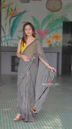 Black & white matrix chiffon saree with chess blouse