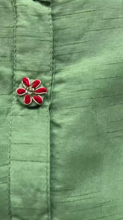 Green silk embroidery hand work 3 piece kurti set