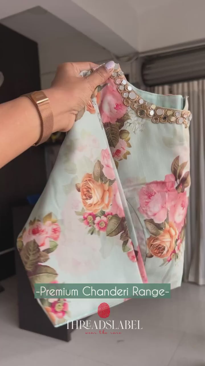 Light green tissue saree with mirror floral blouse