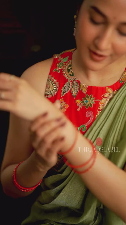 Green marble silk saree with heavy embroidery blouse