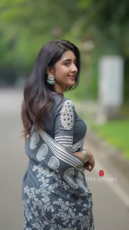 Grey linen floral printed designer saree