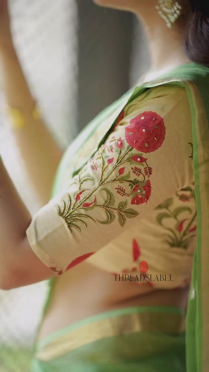 Cream cotton print hand work blouse(only blouse)