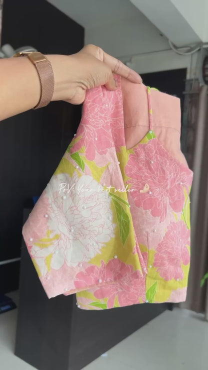 Peach glass tissue saree with floral hand work blouse