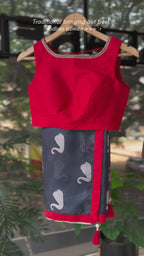 Grey kota doria saree with reddish hand worked blouse