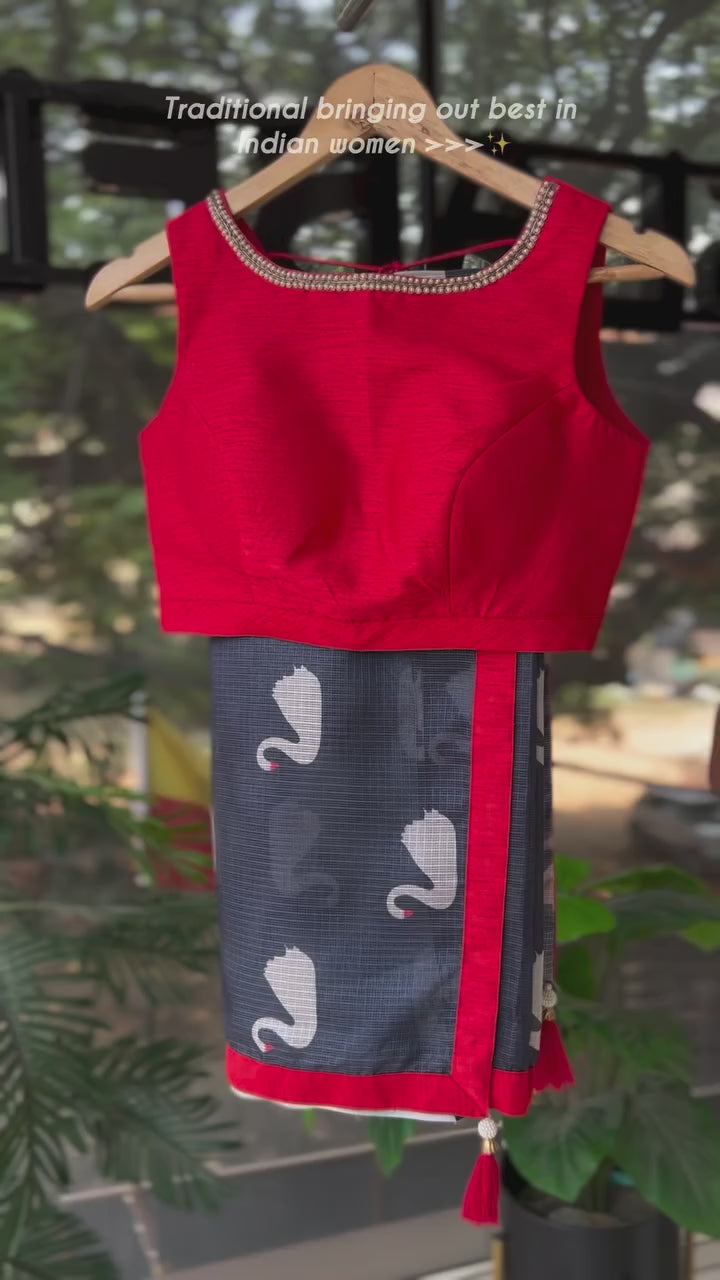 Grey kota doria saree with reddish hand worked blouse