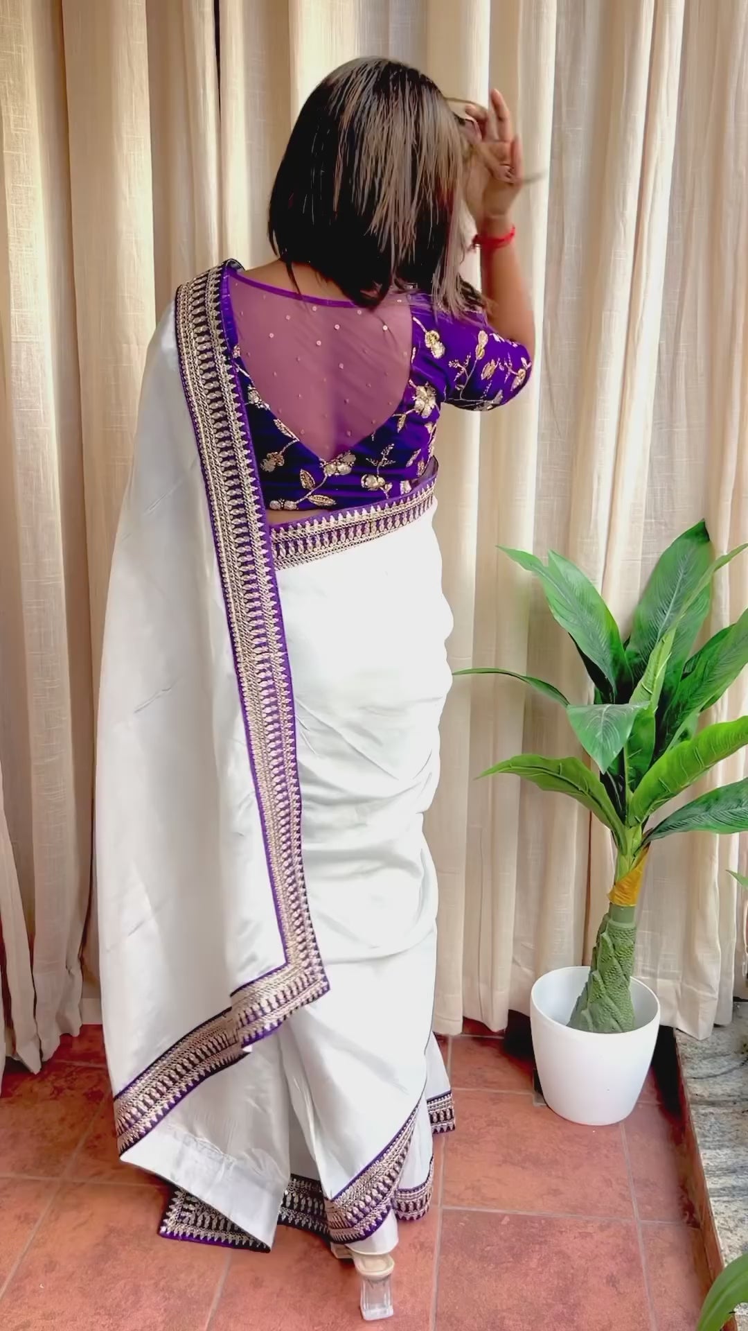 Silver silk saree with purple hand work blouse