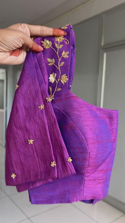 Half white jute saree with purple hand worked blouse