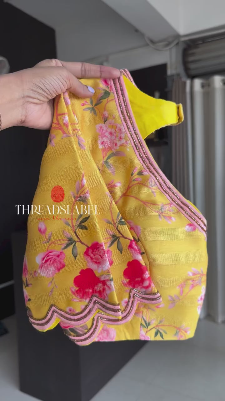 Peach organza saree with yellow floral hand work blouse