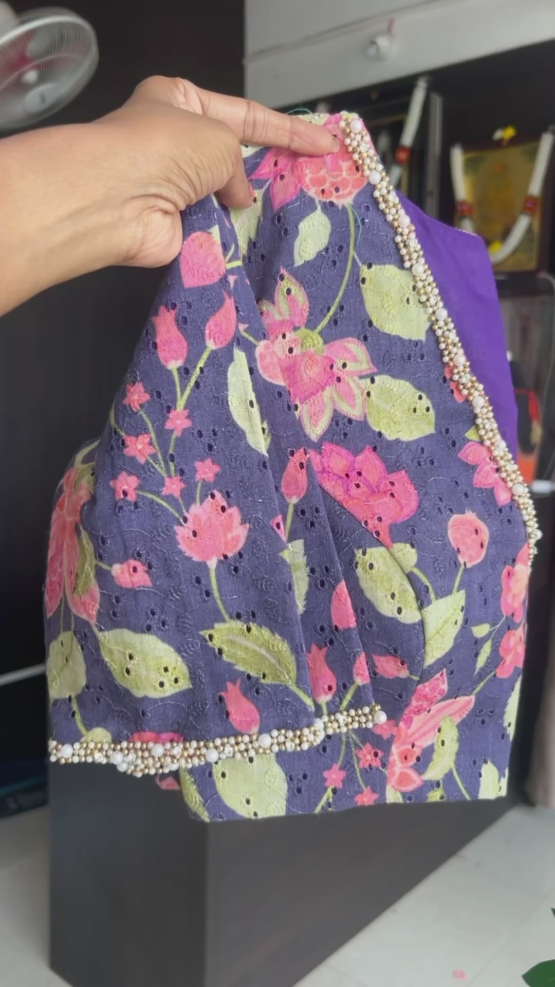 Green stripped tissue saree with purple floral hand work blouse