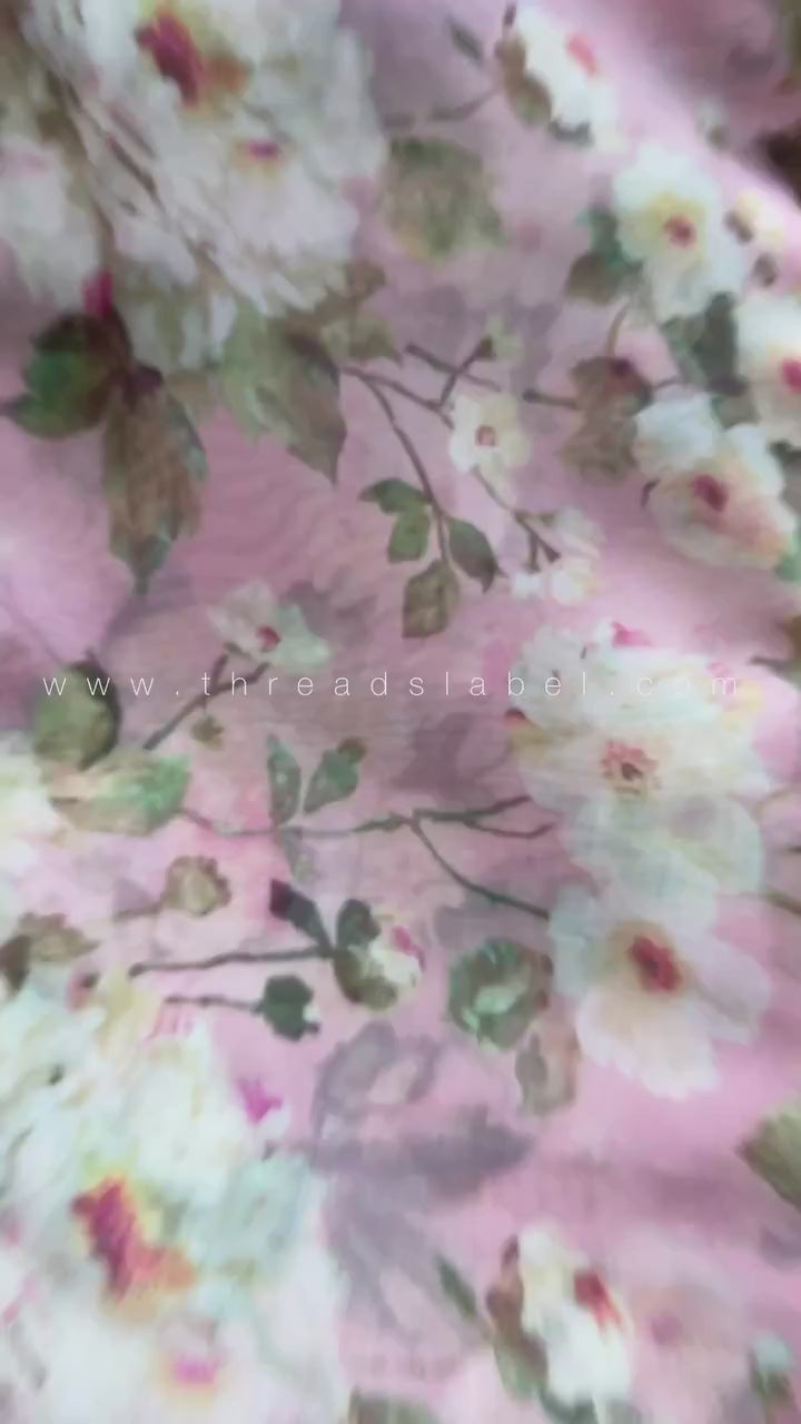 Fenu greek floral organza saree with half white embroidery blouse