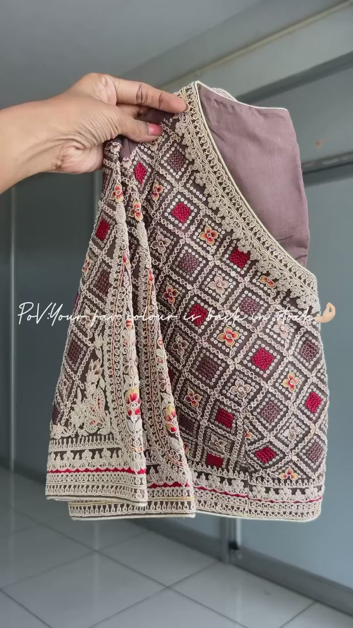 Caramel muslin silk embroidery saree with blouse