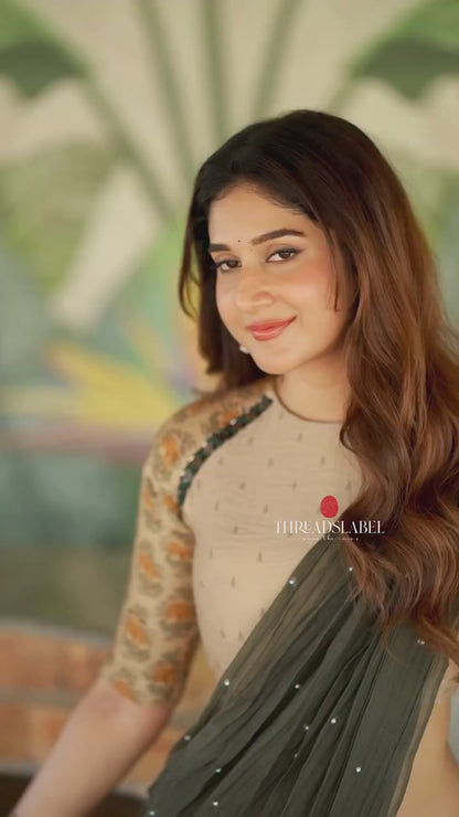 Bottle green mul chanderi saree with mirror work blouse