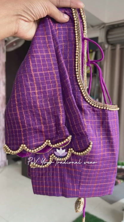 Black checked saree with purple hand work blouse