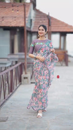 Blue floral georgette saree with grey embroidery blouse