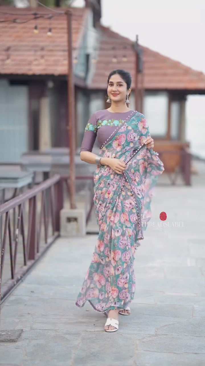 Grey silk floral embroidery blouse (Only blouse)