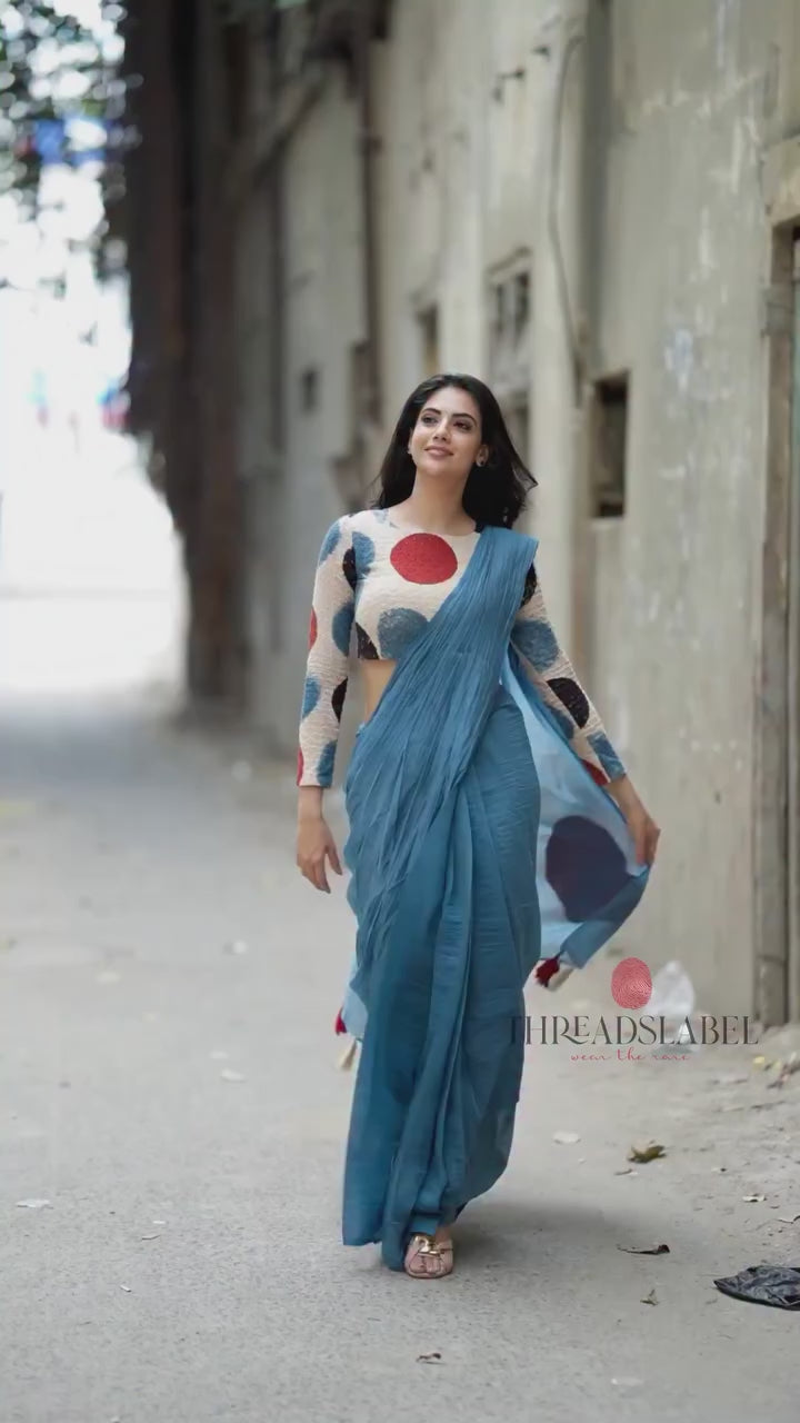 Blue grey georgette saree with silk hand work blouse