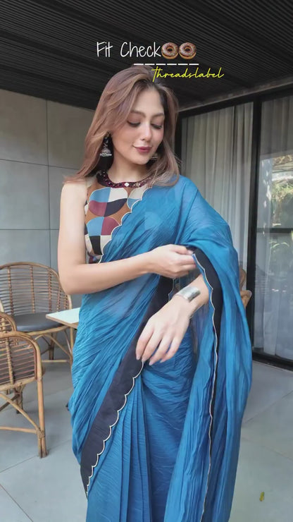 Blue mul chanderi saree with mirror work blouse