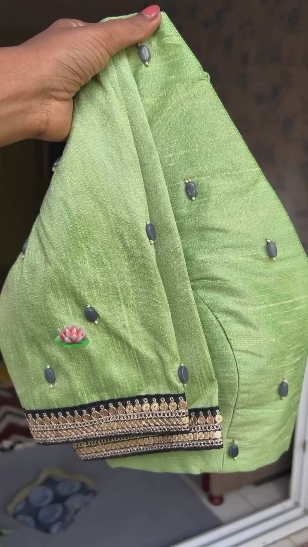 Grey chiffon printed saree with pista hand work blouse