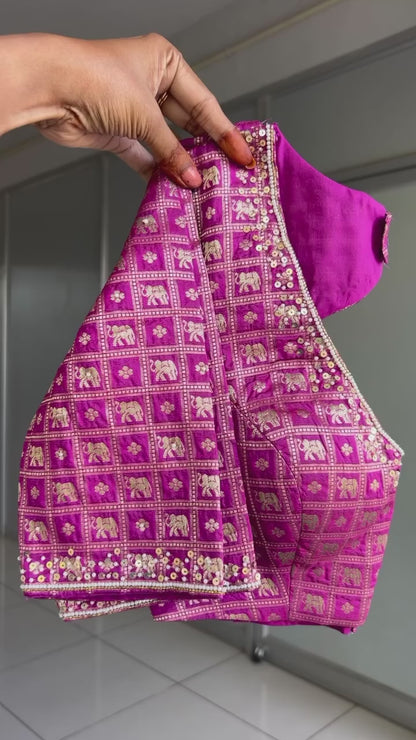 Cream soft jute saree with pink banarasi hand work blouse