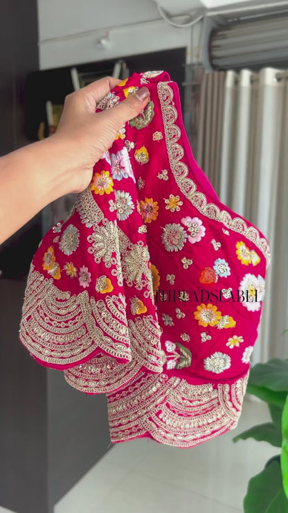 Half white banarasi saree with deep pink silk hand embroidery blouse