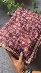Maroon georgette saree with velvet hand work blouse